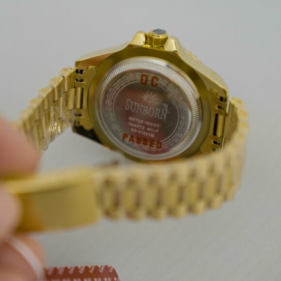 NEW SUNBORN Gold-Tone Men's Quartz Watch Red Blue Pepsi Bezel with Box and Tag - Picture 4 of 6